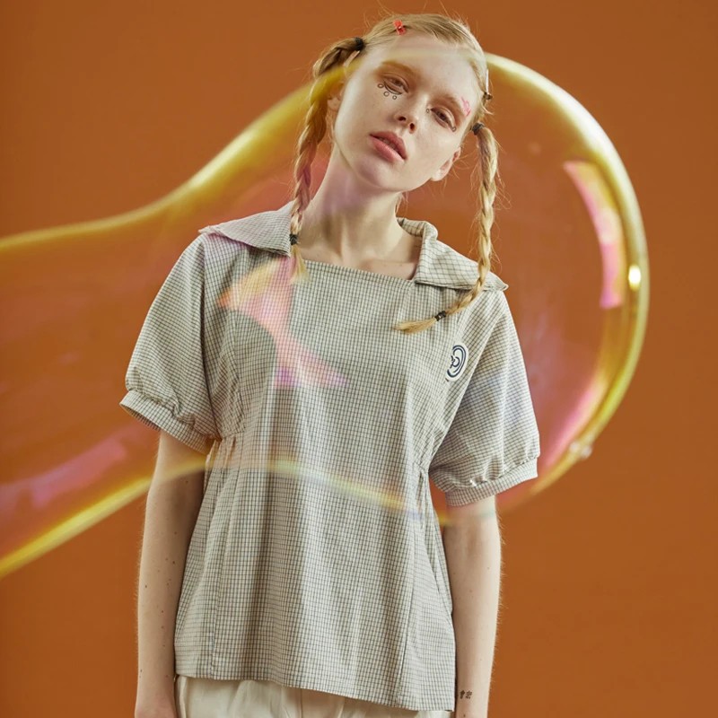 Оригинальная модная женская клетчатая блузка милые свободные рубашки с коротким