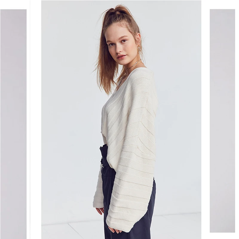 Women Solid Beige Big V Neck Crop Sweater Batwing Sleeve Loose 2022 Winter New Lady Sexy Character Knitwear Femme Knitted Top | Женская
