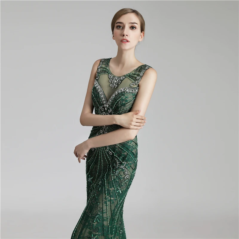 Robe De Soiree Новое сексуальное Русалка официальное длинное вечернее платье Зеленый Пол Длина Тюль, расшитый кристаллами и бисером реальные фотографии платья LSX429