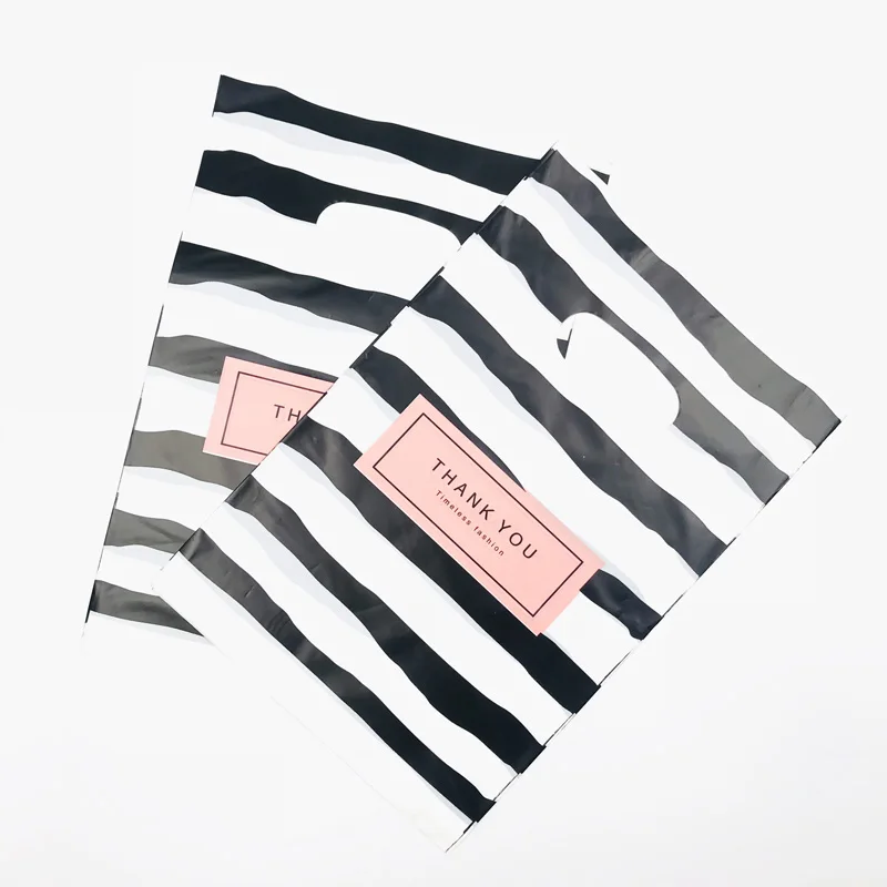 Pink Black Thank You 20x30cm Black White Stripes Plastic Handles Bag Plastic Boutique Jewelry Gift Bags With Handle 50pcs