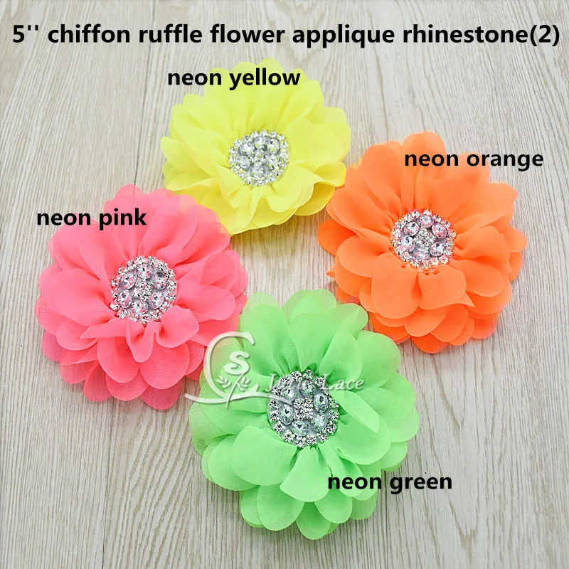 

15pcs /lot Large rhinestones center shabby chiffon Flower with beads , handmade pearl center flowers in Neon color