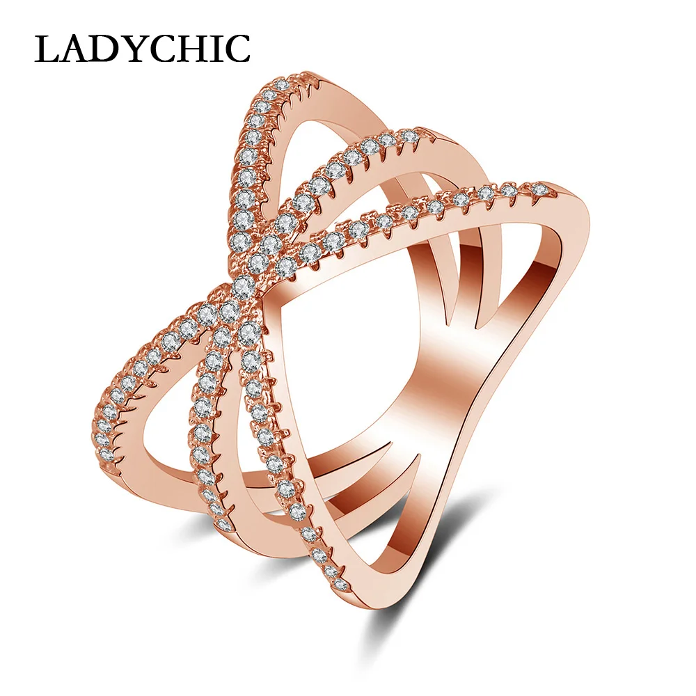 LADYCHIC модное розово золотистое кольцо с крестом X формы микрозакрепленным