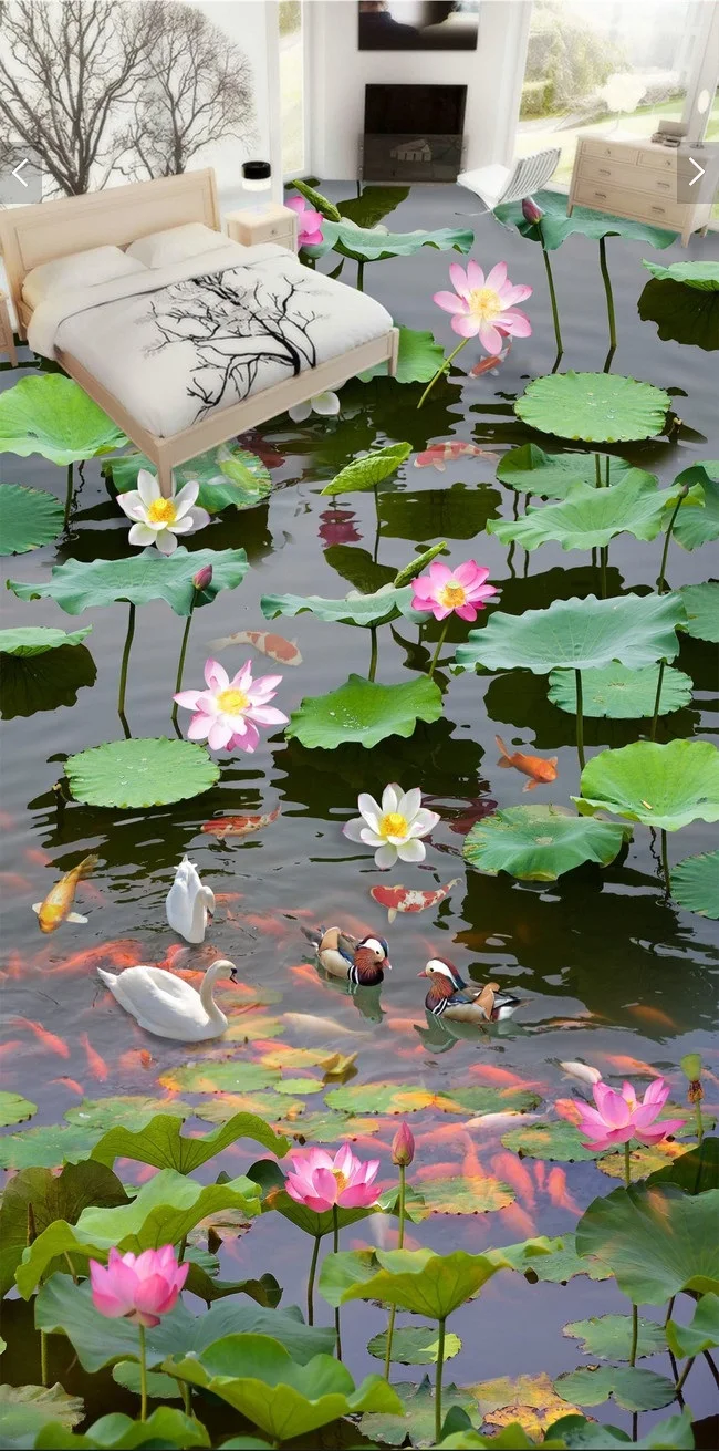 

3d pvc flooring custom photo self adhesion waterproof wall paper The lotus pond decoration painting wallpaper for walls 3 d