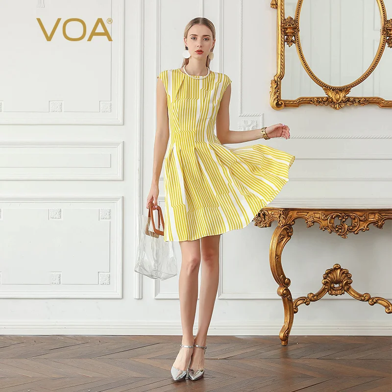Женское шелковое платье VOA ярко желтое в полоску вечерние платья с бахромой