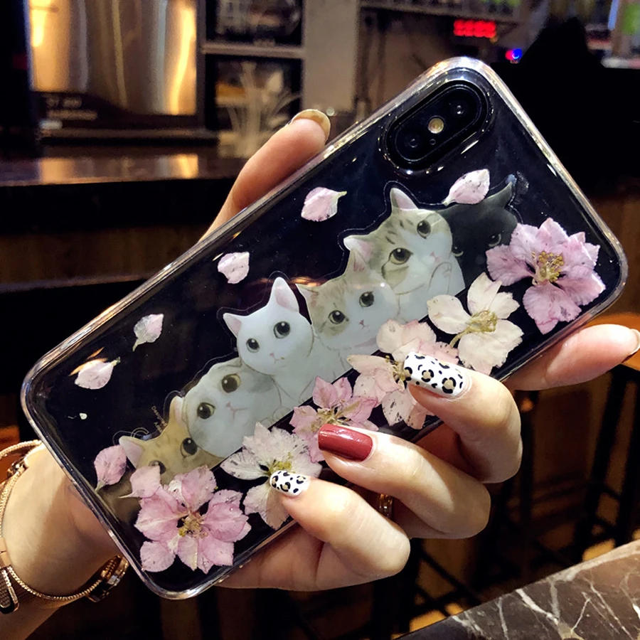 DIY Dried Real Flower Cat Clear Cover Phone Case For iPhone 8 6 6S Plus 7 Coque XR XS MAX X Etui Luxury Original |