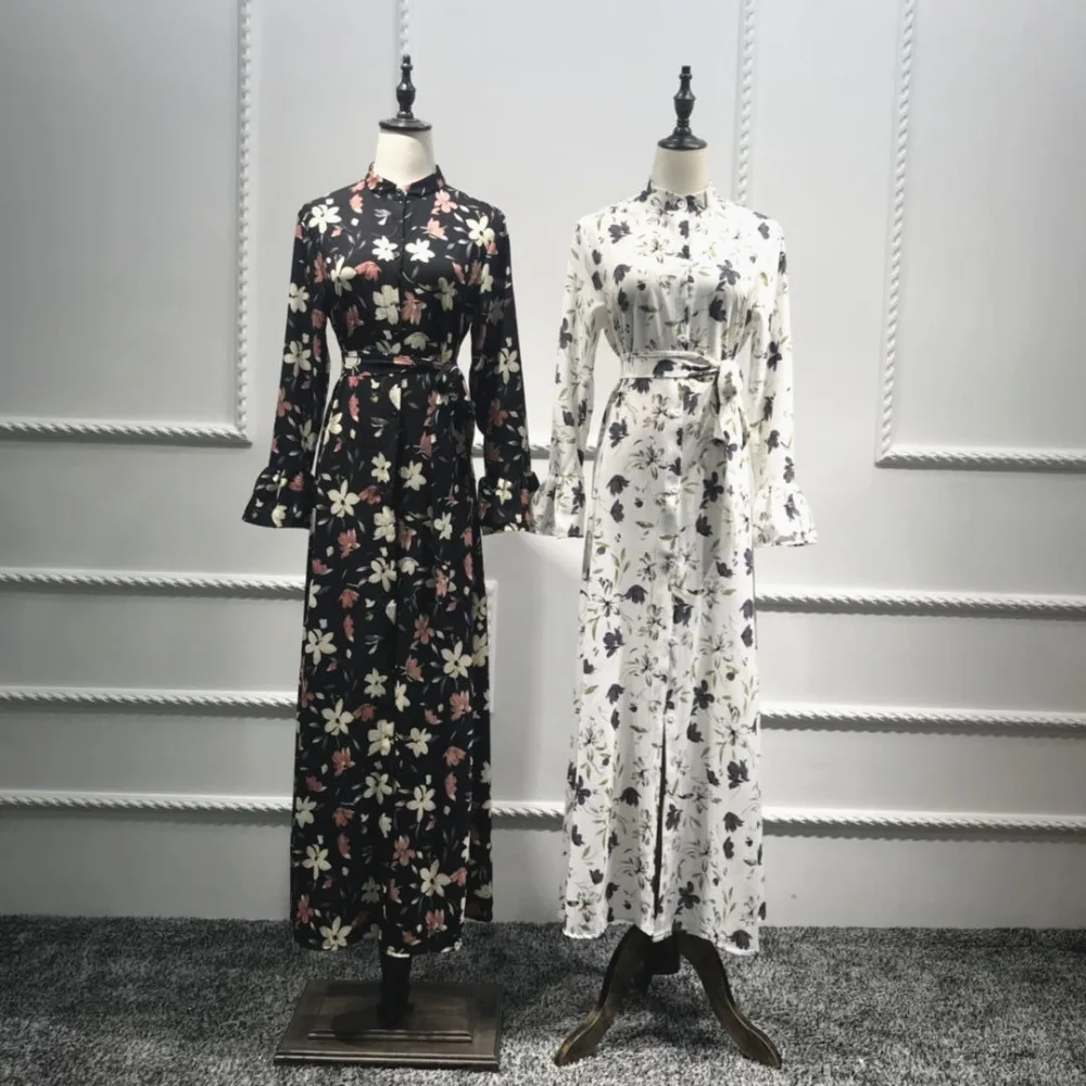 Женская мусульманская одежда Abayas макси платье с длинным рукавом и цветочным