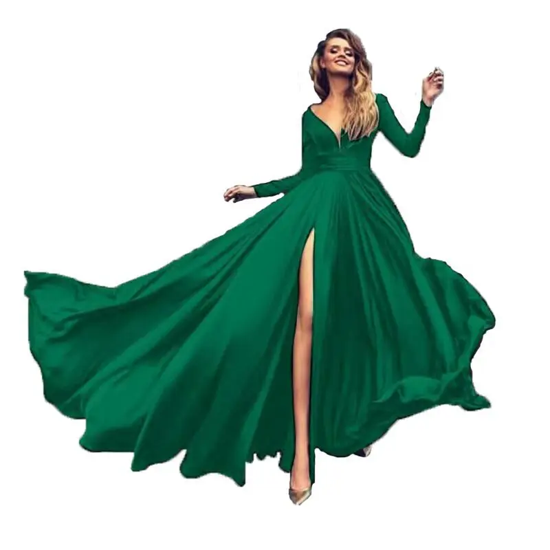 New Solid Color High Split Big Swing Dress Sexy Deep V Long Sleeve | Женская одежда