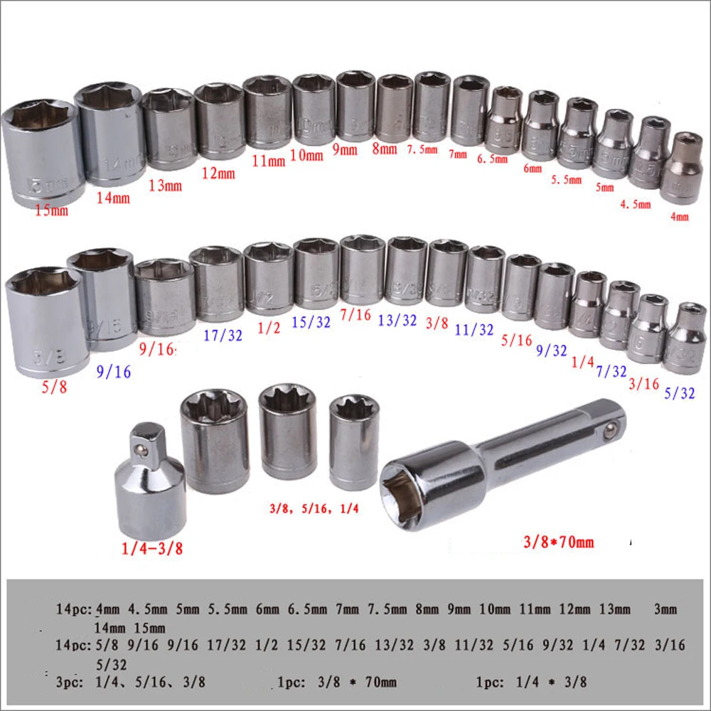 38 шт. SAE &amp Metric 3/8 &quotи 1/4&quot набор гнезд привода трещотка инструментов гаечный