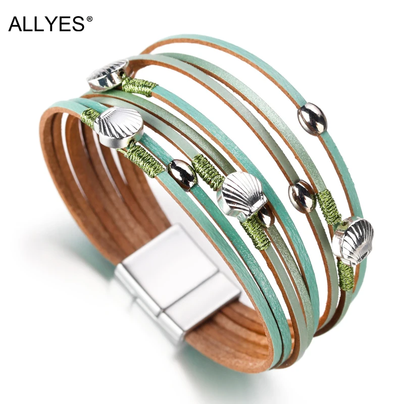Амулеты ALLYES в виде ракушки богемные кожаные браслеты для женщин модные летние женские Многослойные широкий браслет обруча ювелирные изделия