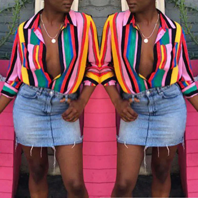 

MeiHuIDa 2018 New Style Fashion Women's Long Sleeve Loose Casual Tops Summer Button Colorful Blouse
