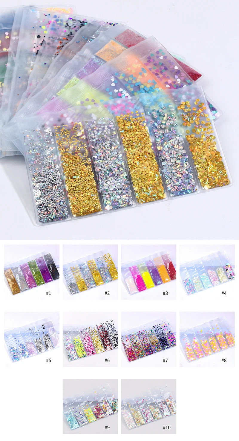 6 Patterns/Bag Holographic Glitter Shining Nail Sequins Mixed Size Crystal Clear AB Non Hotfix Flatback Rhinestones For Nail