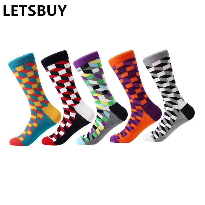LETSBUY 5 pair/lot mens socks cotton colorful funny crew socks long vibrant socks for man business dress wedding gift socks