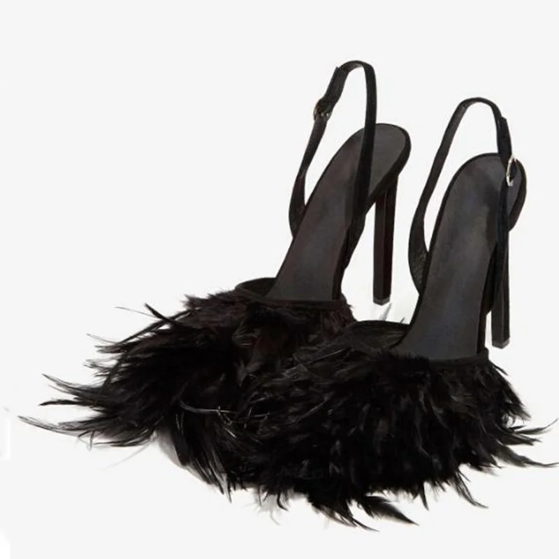 

Summer Fashion Black Feathers Sandals Woman Sexy High Heels Ankle Buckles Design Elegant Female Dress Shoes Women Sandals