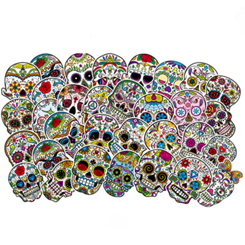 50pcs/lot Pattern Skull Head Sticker Fancy Skeleton Stickers with Cool Flower to DIY Laptop Skateboard Luggage Guitar | Игрушки и хобби