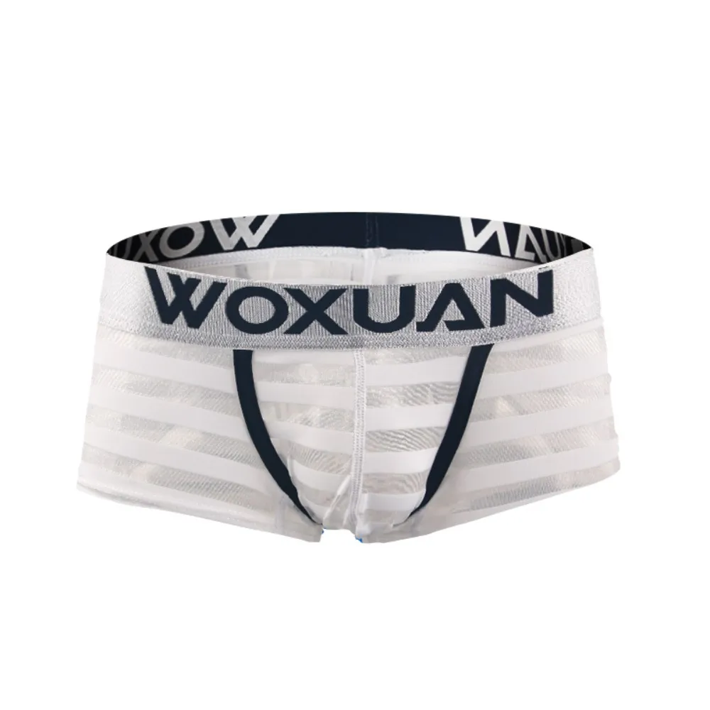 White Woxuan сексуальное нижнее белье мужские боксеры нижнее белье сетка полоса прозрачные трусы шорты высокое качество нижнее белье - Цвет: White