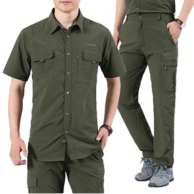 army green Военная Униформа Мужская тактическая рубашка с коротким рукавом+ брюки костюмы мужские быстросохнущие дышащие военные армейские рубашки наборы мужские - Цвет: army green