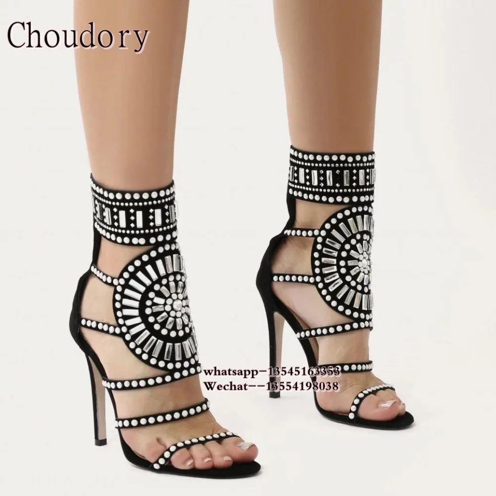 Женские ботильоны на высоком каблуке с вырезами и кристаллами|rhinestone gladiator