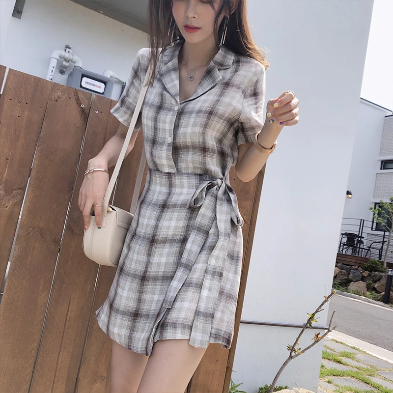 Mishow Элегантное красивое однобортное платье в офисном стиле с поясом клетку