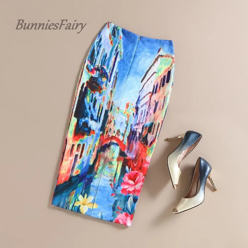 BunniesFairy, винтажная Женская мода, винтажный Рисунок маслом, высокая талия, юбка-карандаш Стретч, длинное облегающее платье, Saias Femininas
