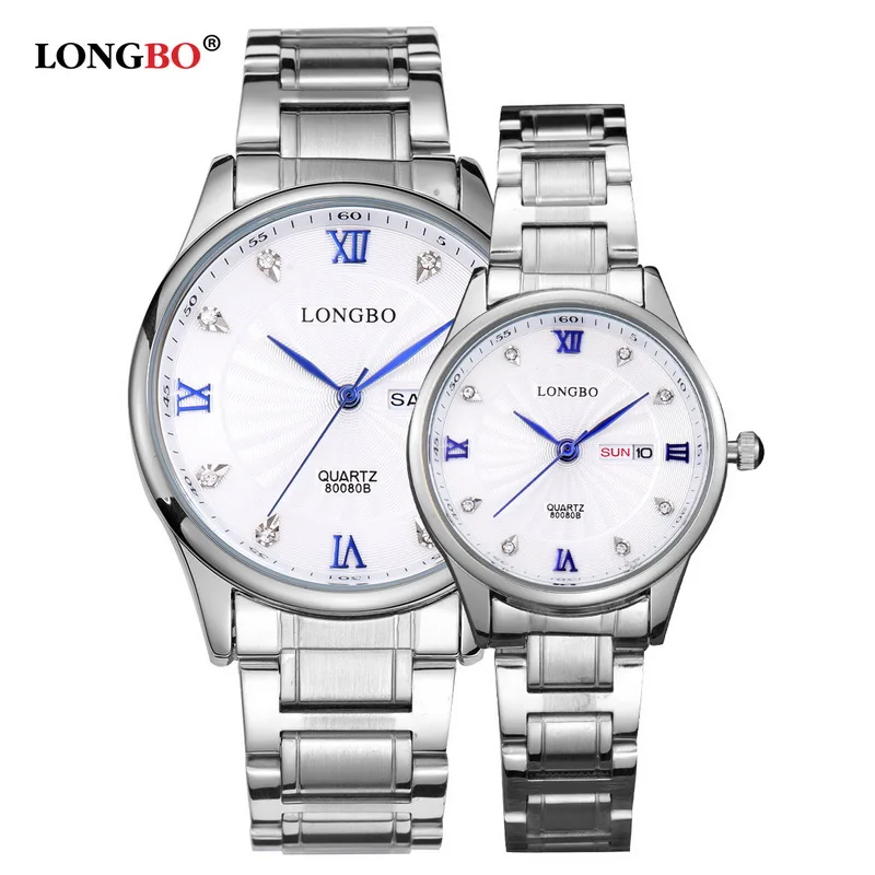 Двухместные часы LONGBO Luxury Lovers для пары, мужские, с датой и днем недели, водонепроницаемые, из золотистой нержавеющей стали, с кварцевым механизмом, модель Montre Homme 80080B.