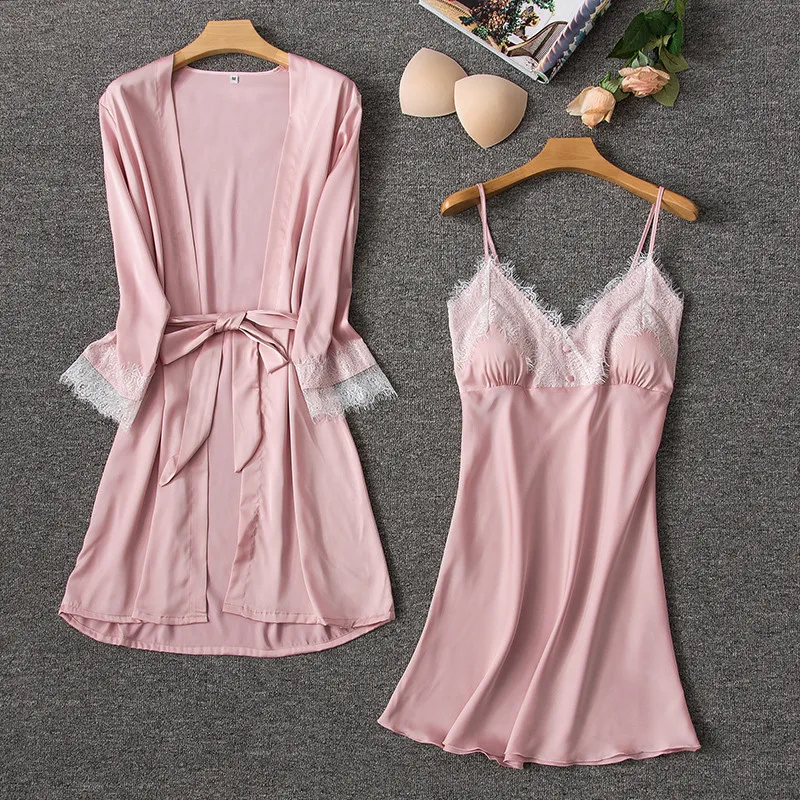 2019 Women Sleepwear Sexy Lace Gown Set Sleep Lounge Indoor Clothing Ladies Nightwear Bathrobe Nightdress With Chest Pads | Женская