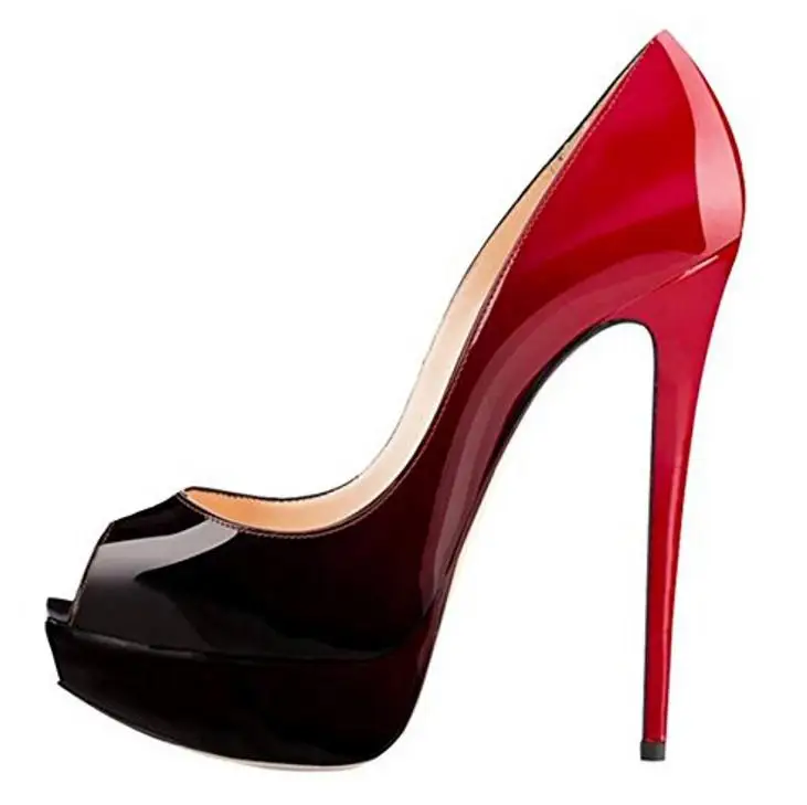 black and red 1 GENSHUO/Брендовая обувь на каблуке 14 см женские туфли-лодочки на платформе и высоком каблуке красные кожаные свадебные туфли с открытым носком высокий каблук, большой размер 4243, 44, 45 - Цвет: black and red 1