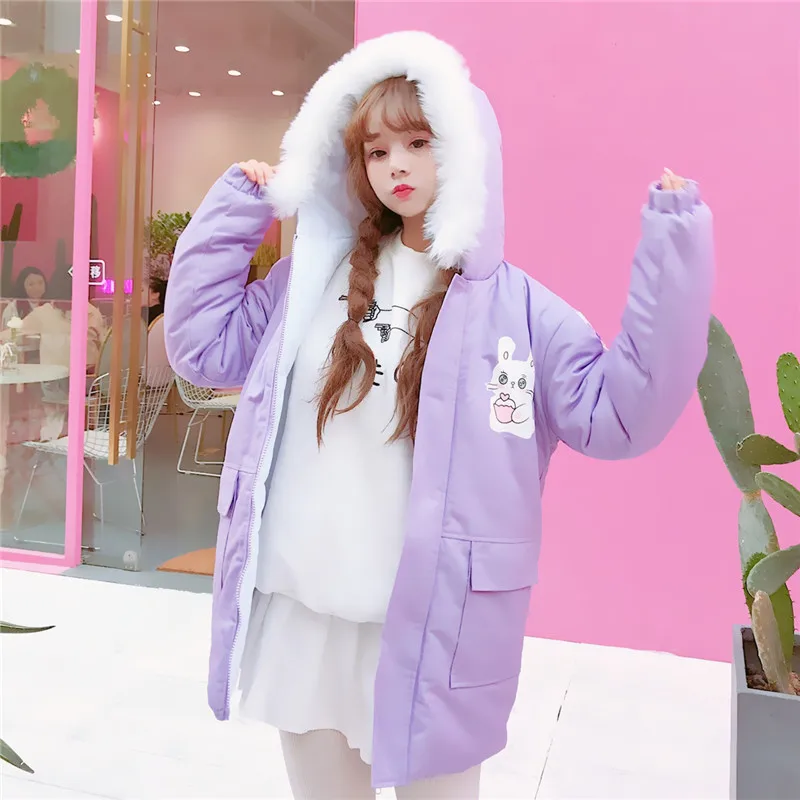 Purple Японский стиль, зимняя женская мода, милый мультяшный принт, для девушек, плотные пальто, Kawaii, с капюшоном, свободный розовый пояс, повседневное короткое длинное пальто - Цвет: Purple