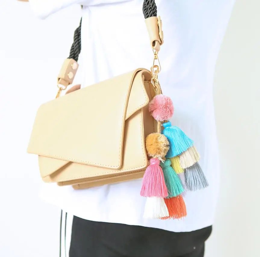 Colorful Bohemian Pompons Layered Tassel Bag Pendant Hanging Decoration Key Chain Fashion Ring Jewelry Women Gift | Украшения и