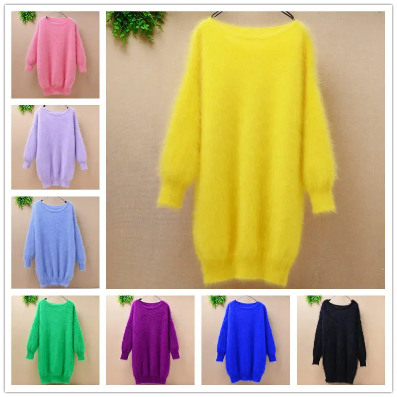 Ladies women medium long genuine mink cashmere o-neck loose fluffy angora rabbit fur hand knitted pullover sweater dress | Женская