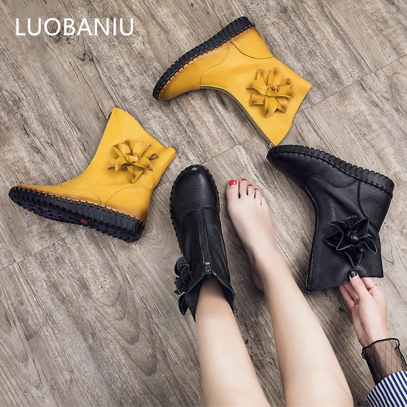 

Genuine Leather Women Shoes Spring Autumn Snow Botas Ankle Mujer Fowers Boots Chaussures Femme Shoes botas mujer 2019