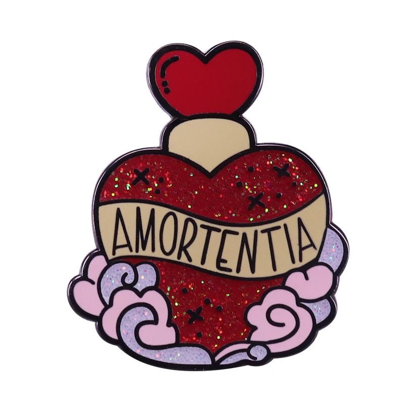 Amortentia, Любовное зелье, брошь в форме сердца, блестящая бутылка, булавка, Волшебный мир, значок для фанатов, ювелирное изделие