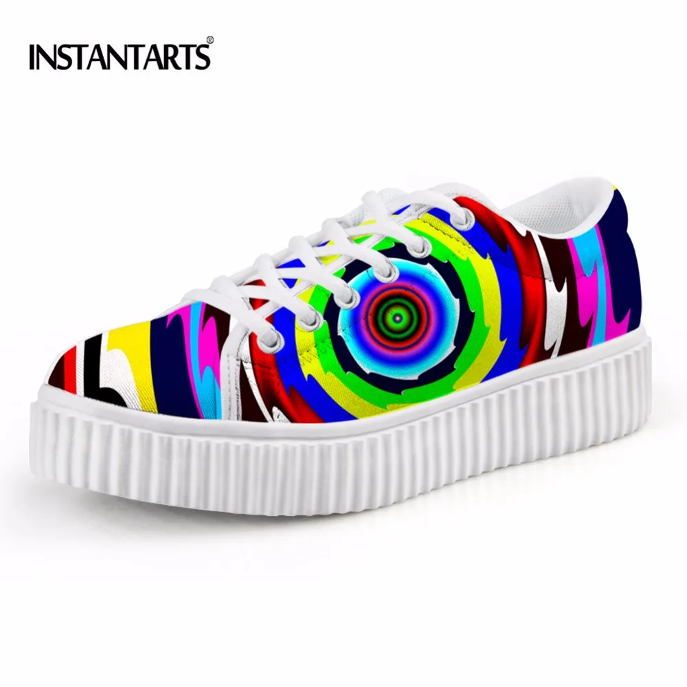 

INSTANTARTS Spring Summer Women Platform Shoes Mix-color Pattern Lace Up Flat Shoes for Woman Female Height Increasing Shoes
