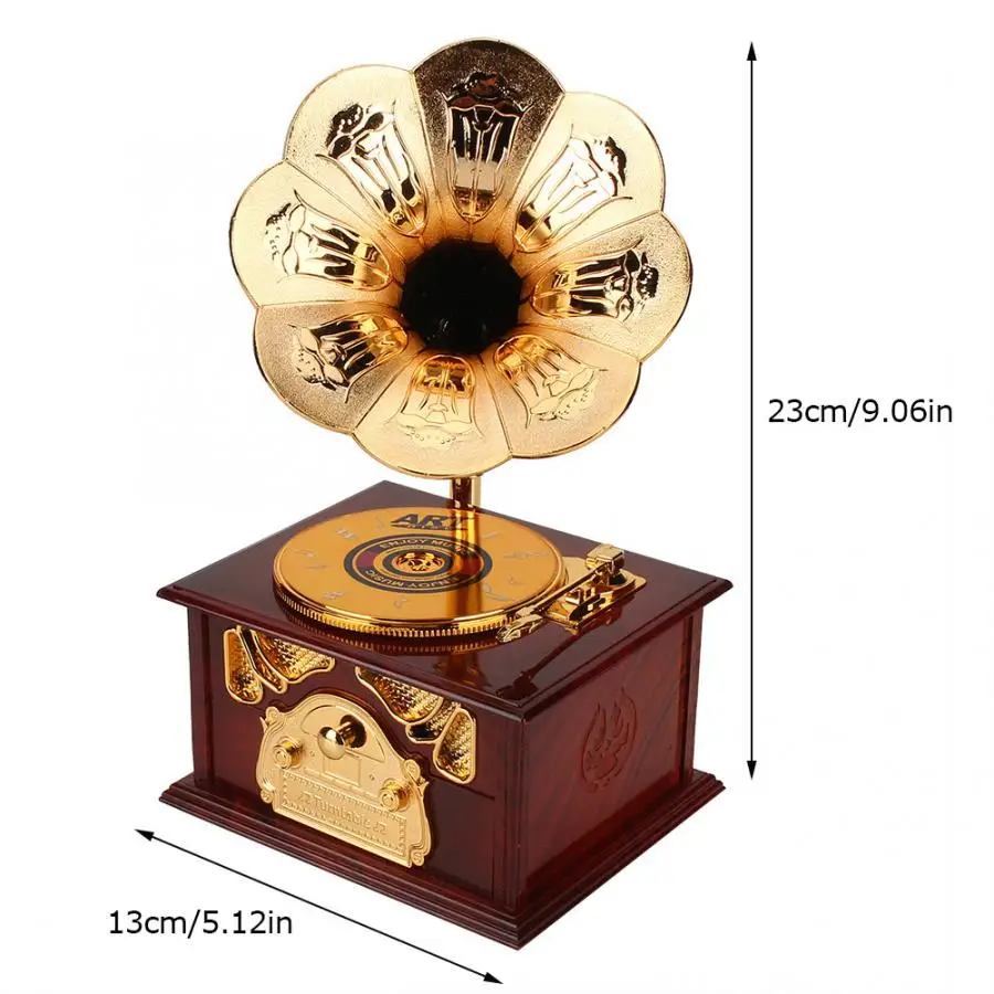 Antique Wooden Music Box Metal Phonograph Hand Crank Music Boxes Classic Music Box Decor Christmas Birthday Gift