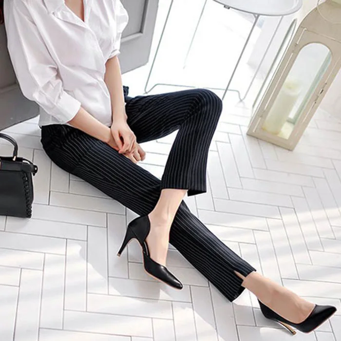 YaLiShi women 2 Pieces Sets 2020 New Summer Office Batwing Sleeve White Shirts Tops and Striped Long pants Top Trousers Set |