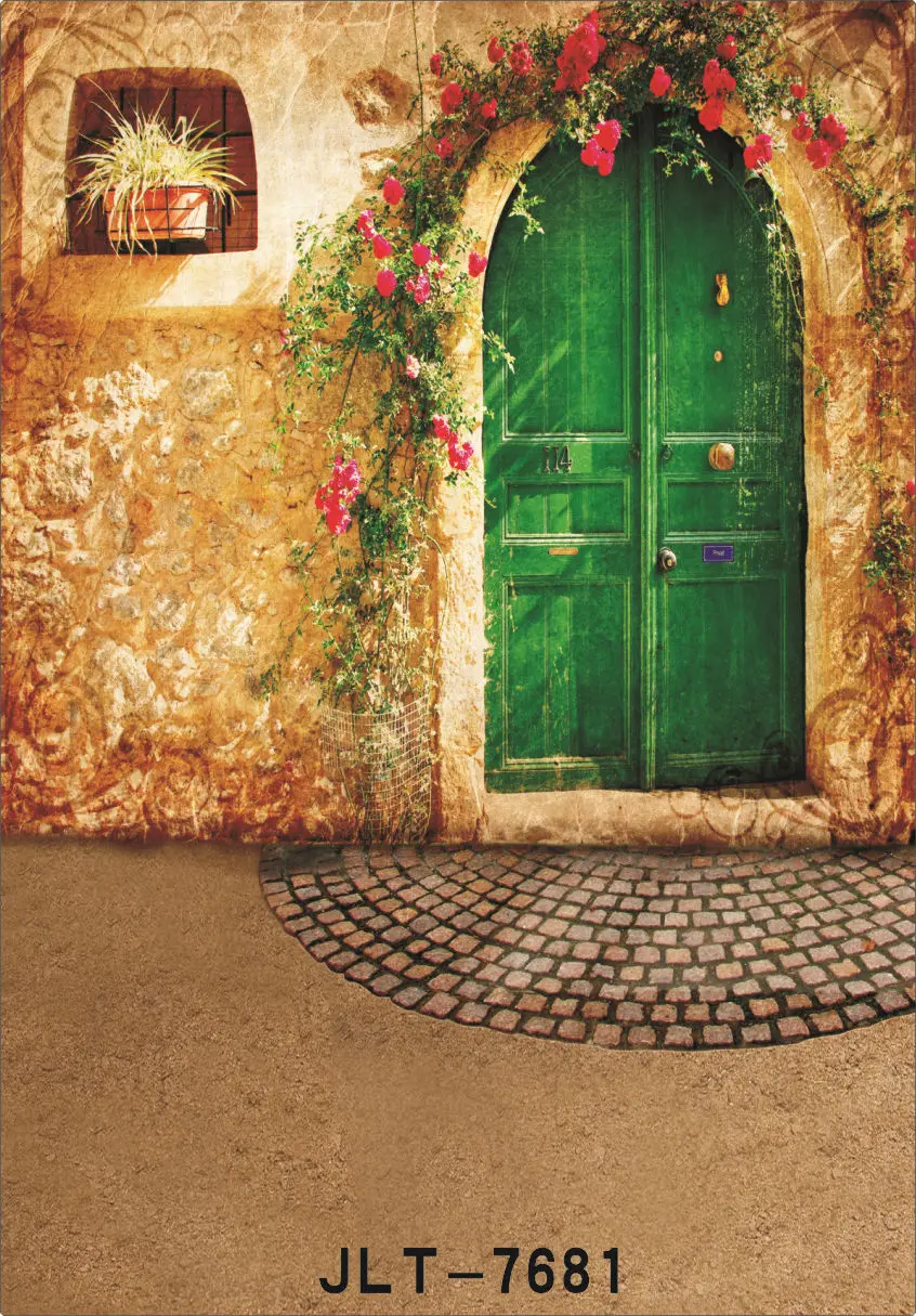 

Backgrounds for Photo Studio Photography Outdoor Old House Green Door Computer Printed Photo Backdrops for Wedding Children