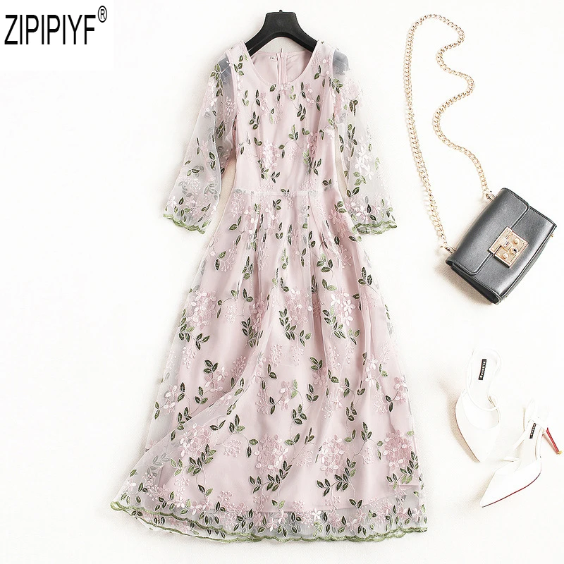 Модные ботинки до середины икры летние Vestido 2018 новая Винтаж круглым вырезом и