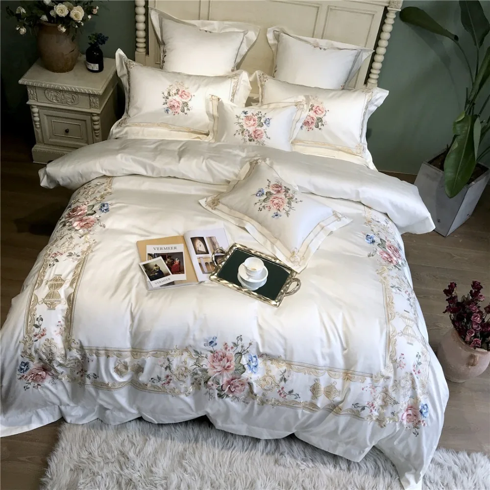 Роскошные вышитые 120S Egyeptian хлопковые королевские комплекты постельного белья Queen