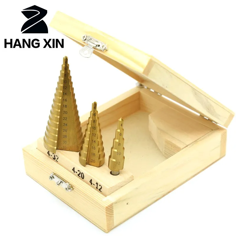 Набор ступенчатых Сверл из быстрорежущей стали комплект 3 насадок с титановым