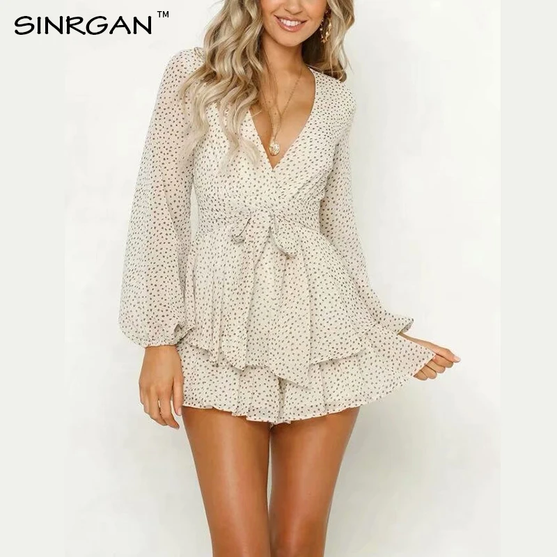 SINRGAN Комбинезон в горошек с V образным вырезом и талией Элегантные женские