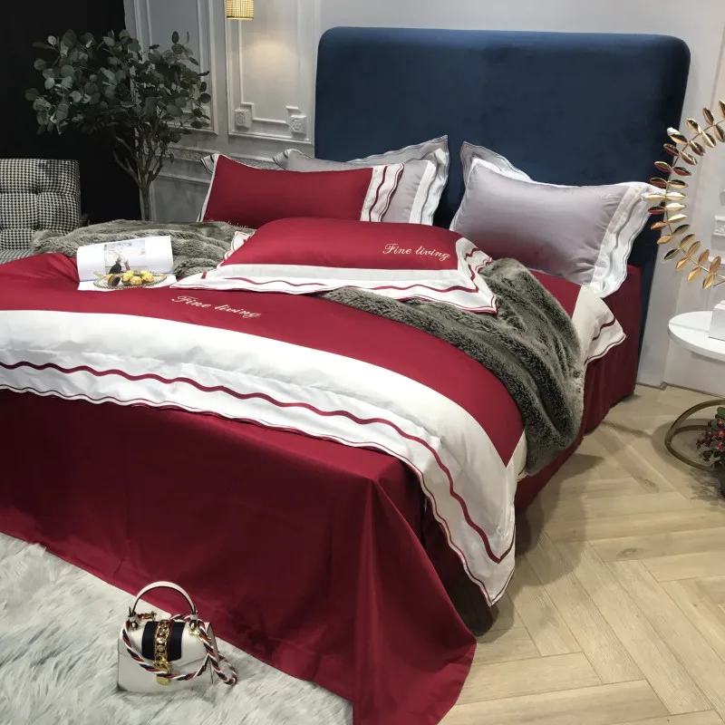 Серое, розовое, красное постельное белье, набор постельного белья queen King size, набор постельного белья из хлопка с вышивкой, набор постельного белья с пододеяльником
