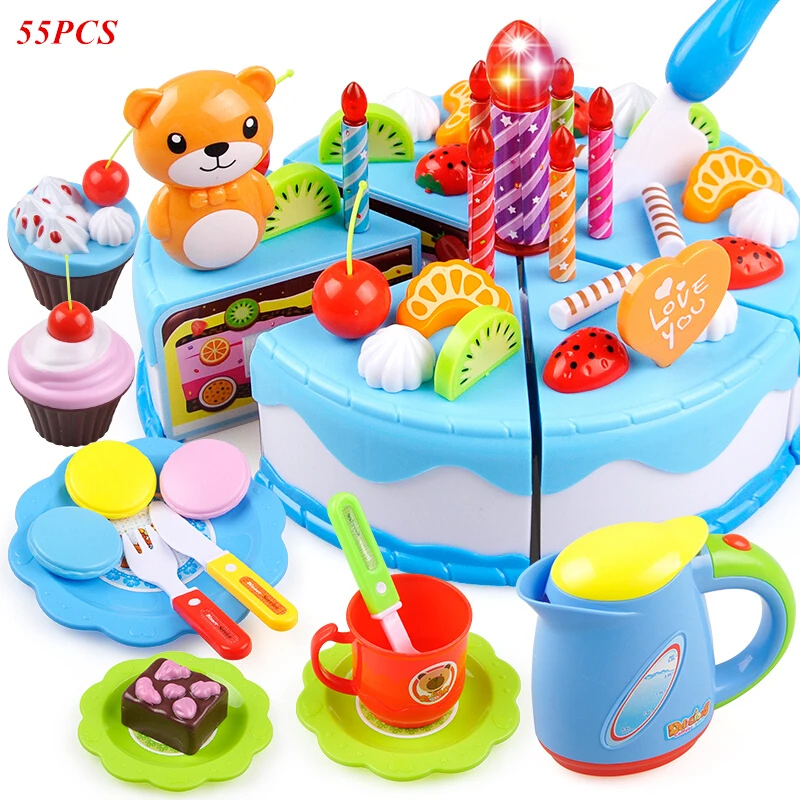 55pcs Blue 38-80 шт. DIY ролевые игры фруктовая резка торт на день рождения кухня еда игрушки Cocina De Juguete игрушки для детей девочки Рождественский подарок игрушки - Цвет: 55pcs Blue