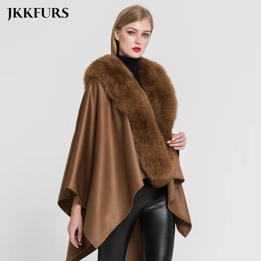 JKKFURS 2021 New Women's Poncho Genuine Fox Fur Collar Trim & Wool Cape Fashion Style Top Quality Winter Warm Coat S7357