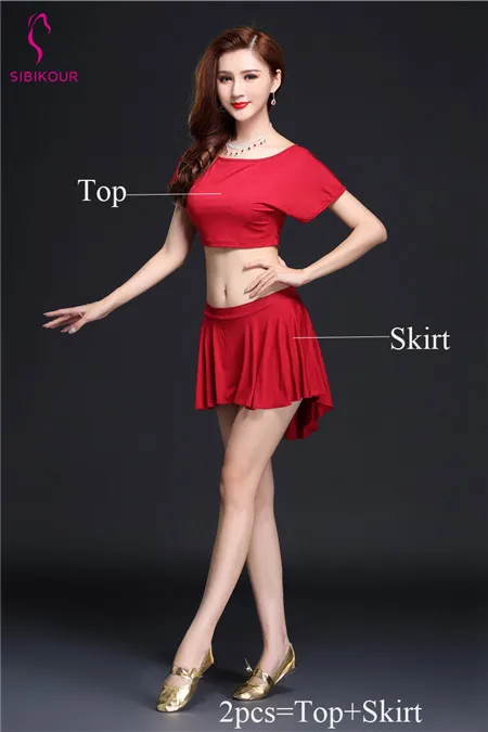 Red 2pcs NEW Women Belly Dance Costume Practice Wear Oriental Bollywood Dancing Dress Top Skirt Belt Set Dance Wear Sexy For Adult - Цвет: Red 2pcs