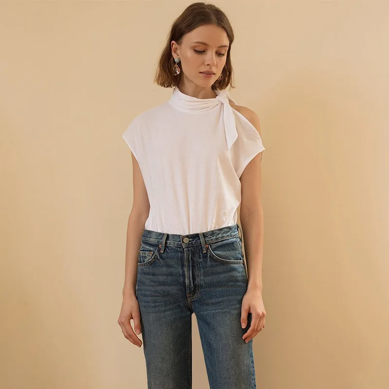 Ellacey 2018 Summer Loose White T-shirt Women One Shoulder Short Sleeve Top T shirt Bow Tie Collar Female Tee Shirt Tops Tees | Женская