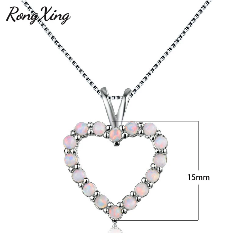 RongXing Fashion Full Stone Heart Pendants White Fire Opal Birthstone Necklaces For Women Silver Color Choker Jewelry New | Украшения и