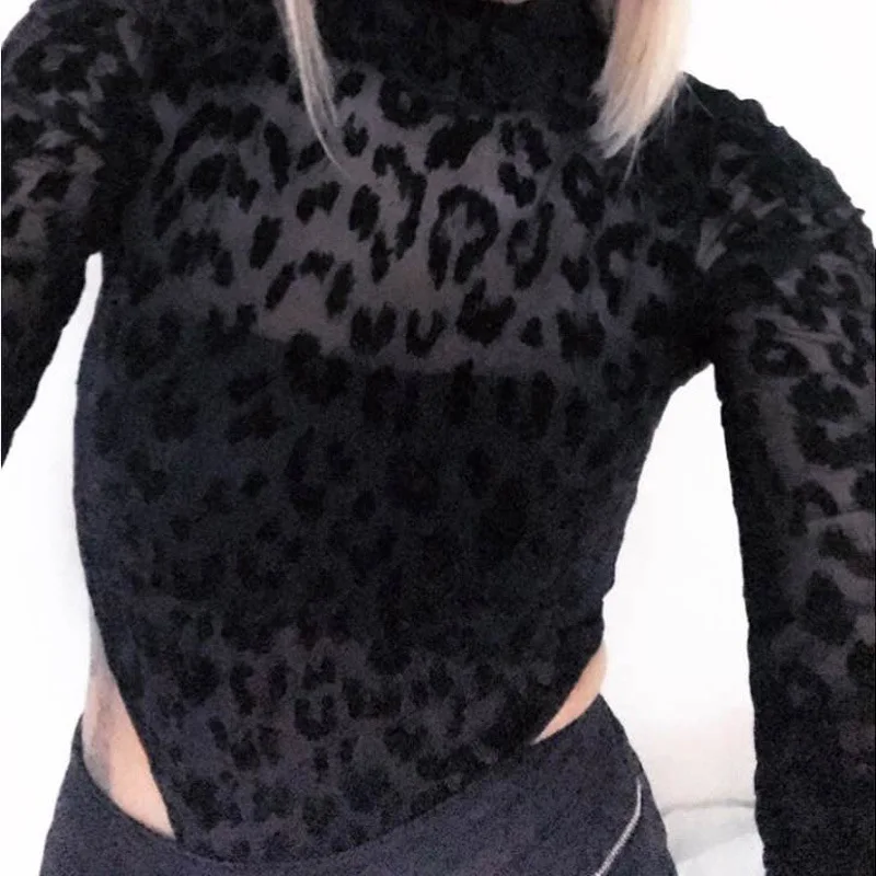 Весна Осень сексуальный черный боди Женский клубный длинный рукав Bodycon Леопардовый принт прозрачный сетчатый комбинезон Прямая