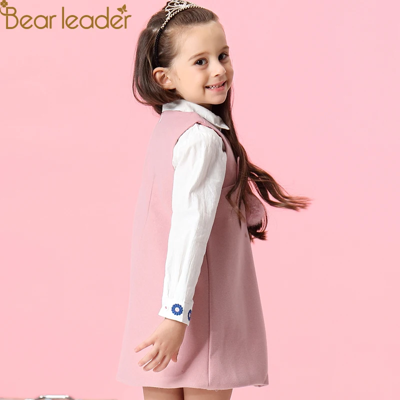 Bear leader/платье для девочек; Новинка года; сезон осень; Повседневный стиль; однотонное ТРАПЕЦИЕВИДНОЕ платье без рукавов с заячьими ушками и меховыми бальными аксессуарами; детское платье