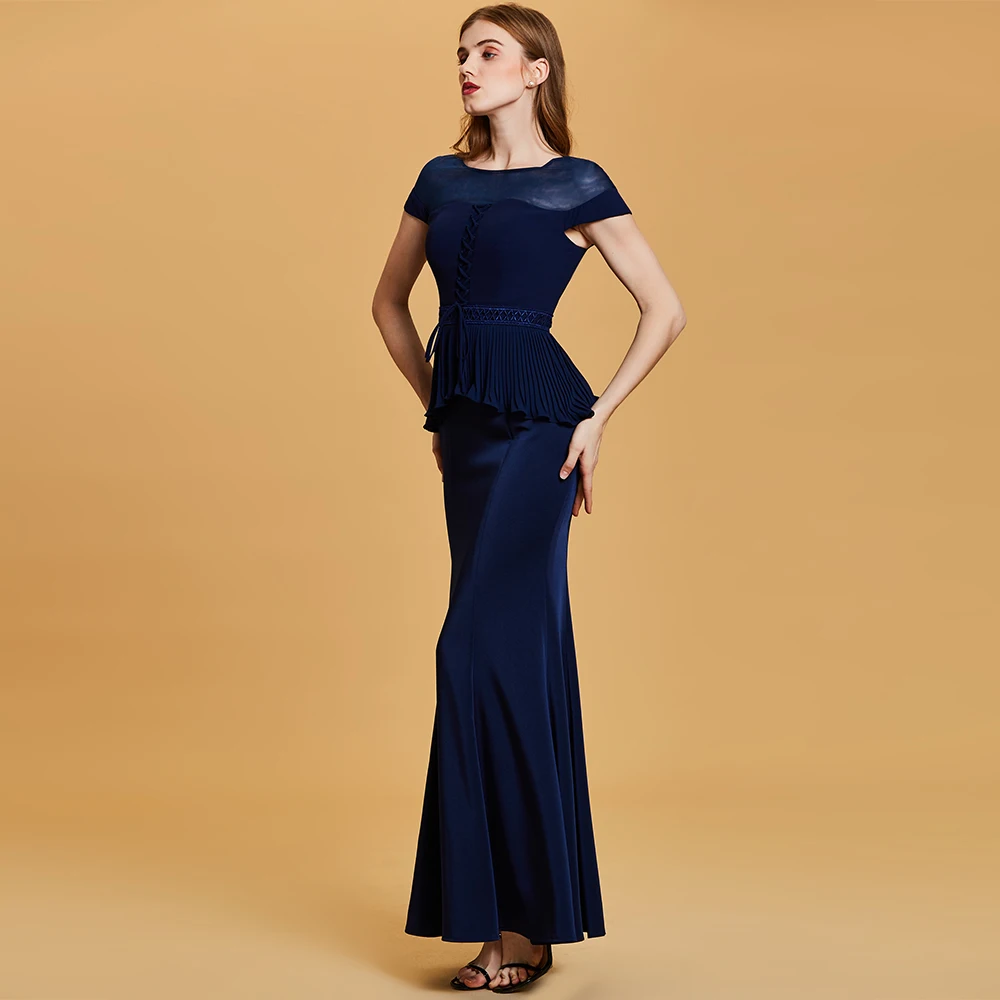 Dressv темно синее длинное вечернее платье труба Дешевые Совок шеи с коротким