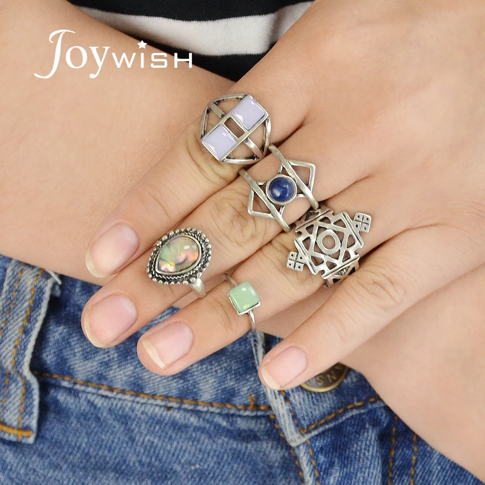 Joywish 5 шт./компл. Богемия Этническая серебряное кольцо с разноцветными капли воды