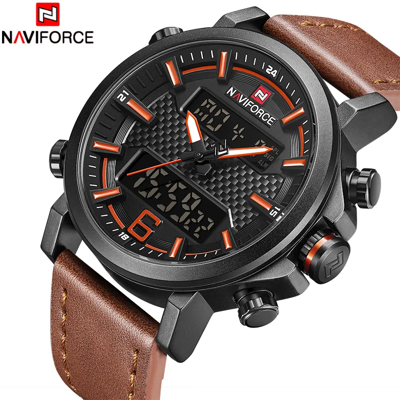 NAVIFORCE Новый Для мужчин часы лучший бренд кожа светодиодный Водонепроницаемый